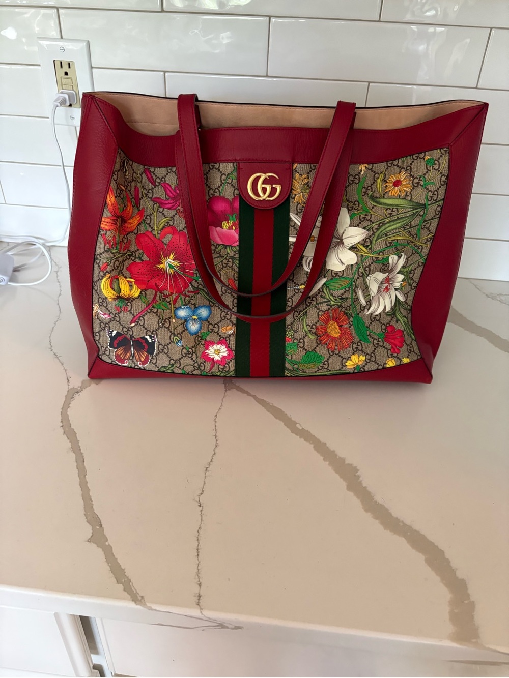 Gucci Red Floral GG Supreme Shoulder Tote with Green-Red Web
